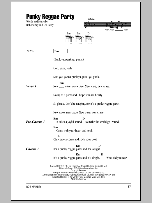 Bob Marley Punky Reggae Party sheet music notes and chords. Download Printable PDF.