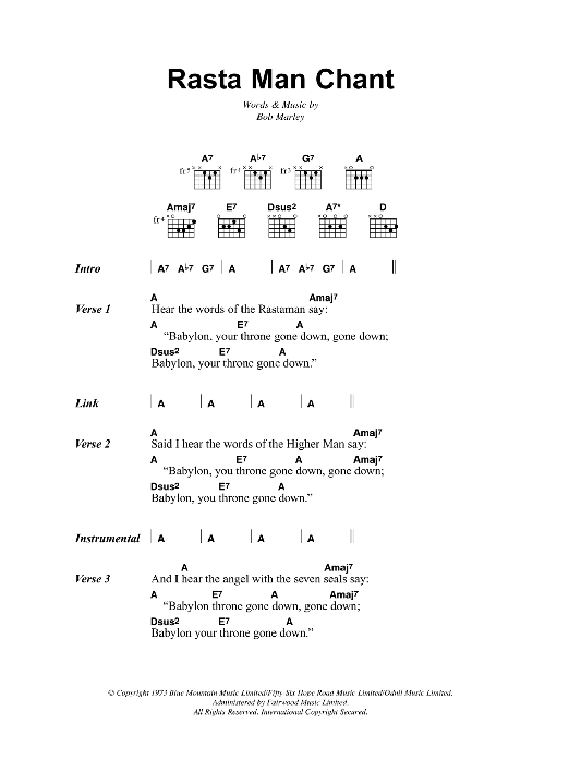 Bob Marley Rasta Man Chant sheet music notes and chords. Download Printable PDF.