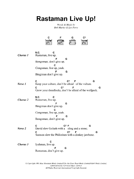 Bob Marley Rastaman Live Up! sheet music notes and chords. Download Printable PDF.