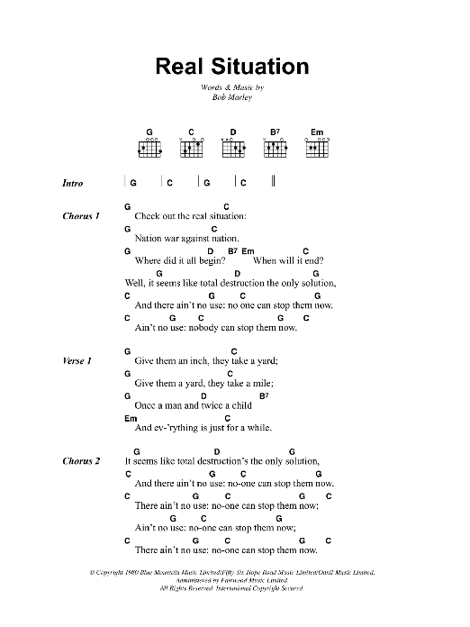 Bob Marley Real Situation sheet music notes and chords. Download Printable PDF.