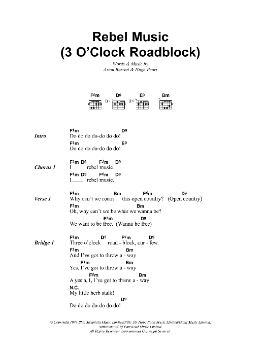 Bob Marley Rebel Music (3 O'Clock Roadblock) sheet music notes and chords. Download Printable PDF.