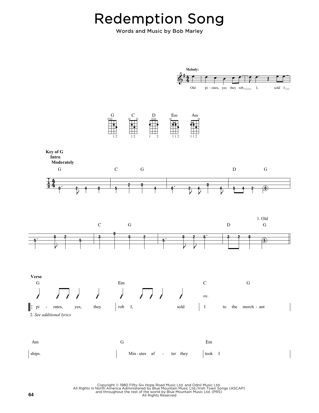 Bob Marley Redemption Song (arr. Fred Sokolow) sheet music notes and chords. Download Printable PDF.