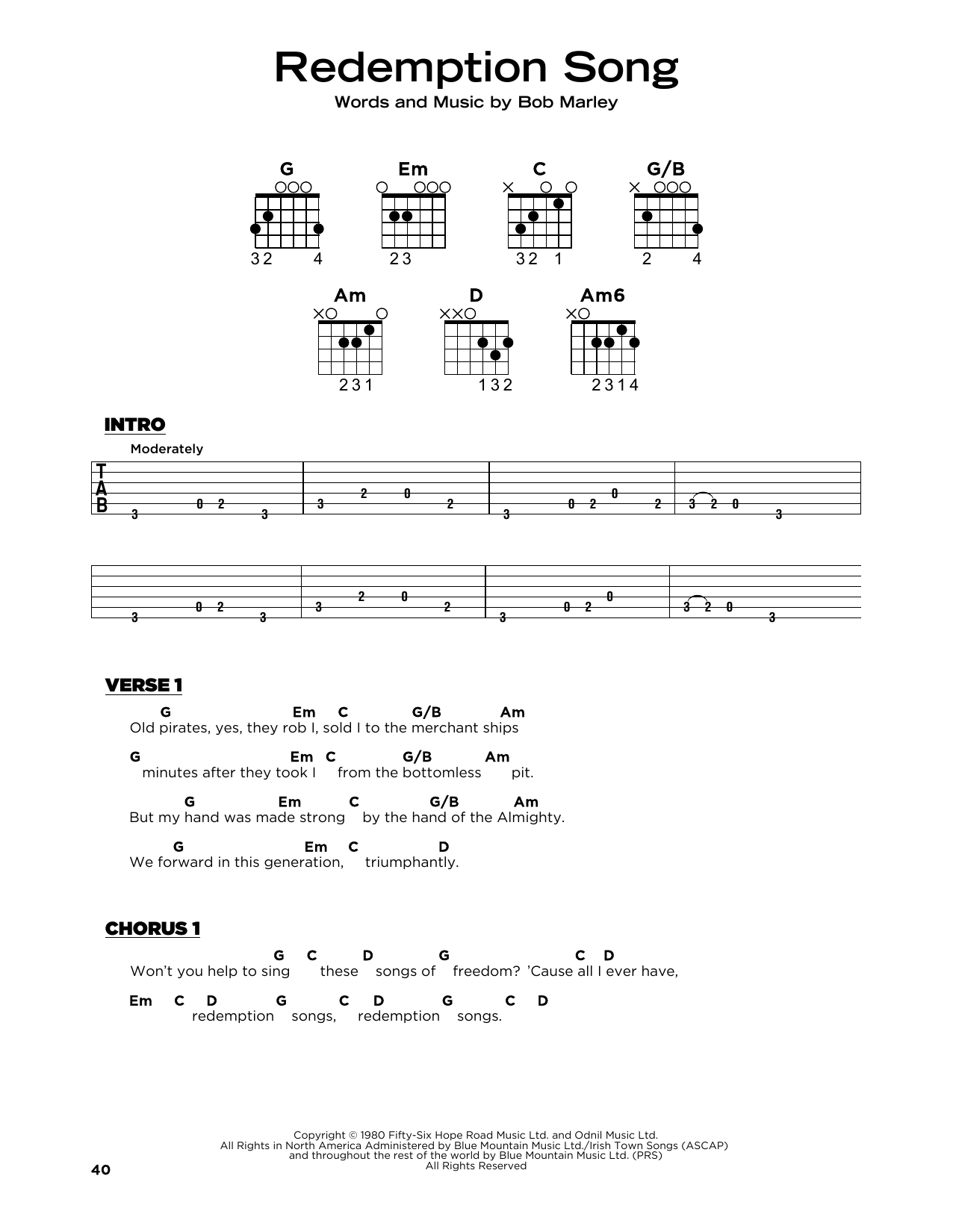 Bob Marley Redemption Song sheet music notes and chords arranged for Piano, Vocal & Guitar Chords