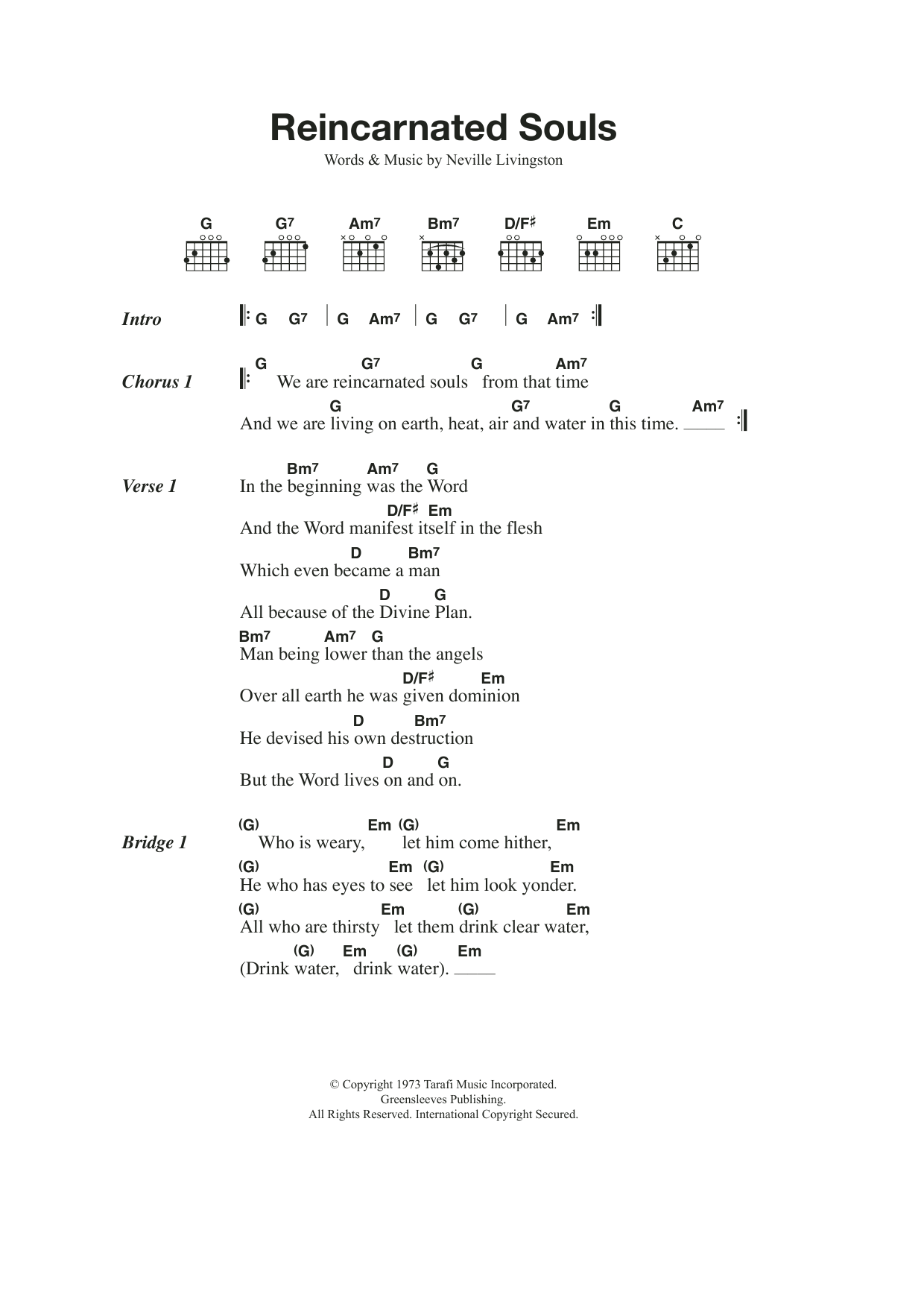 Bob Marley Reincarnated Souls sheet music notes and chords. Download Printable PDF.