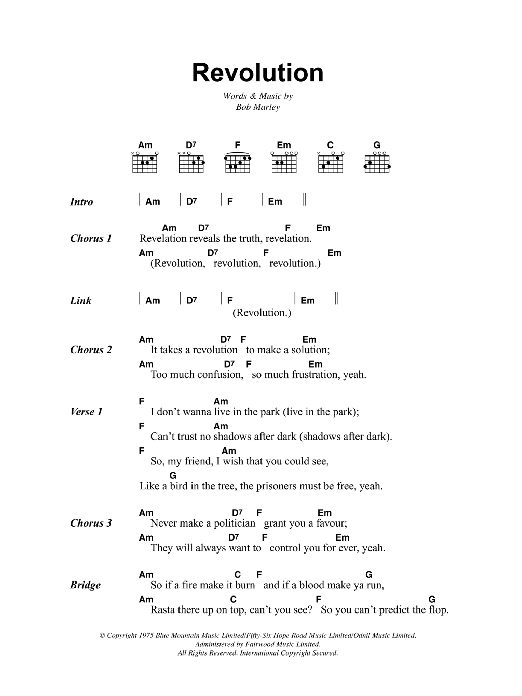 Bob Marley Revolution sheet music notes and chords. Download Printable PDF.