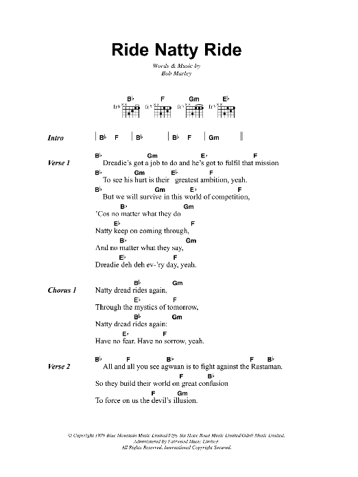 Bob Marley Ride Natty Ride sheet music notes and chords. Download Printable PDF.