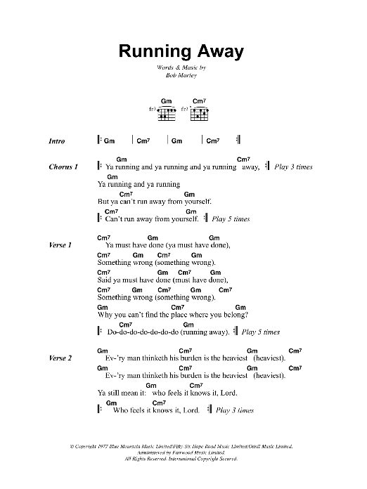 Bob Marley Running Away sheet music notes and chords. Download Printable PDF.