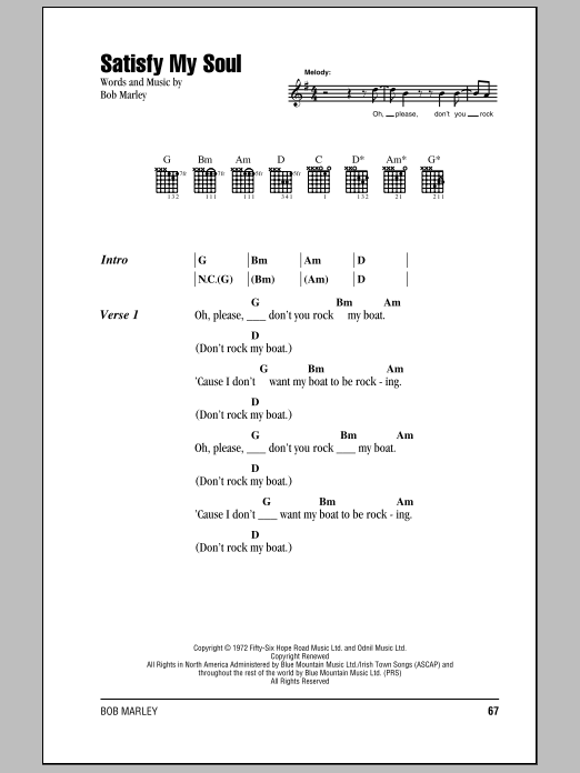 Bob Marley Satisfy My Soul sheet music notes and chords. Download Printable PDF.