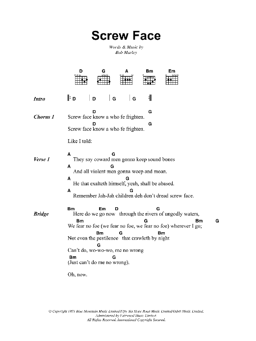 Bob Marley Screw Face sheet music notes and chords. Download Printable PDF.