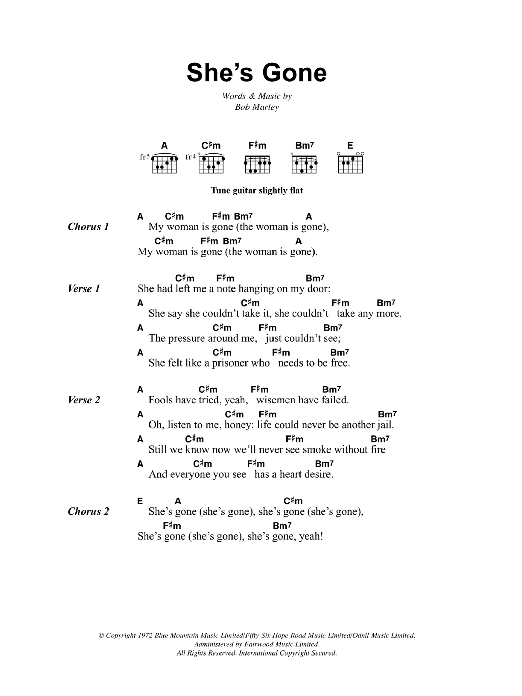 Bob Marley She's Gone sheet music notes and chords. Download Printable PDF.