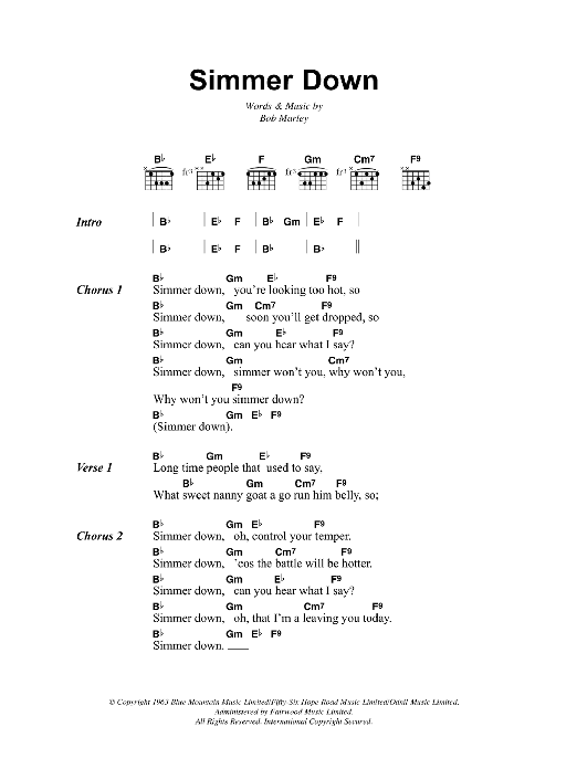 Bob Marley Simmer Down sheet music notes and chords. Download Printable PDF.