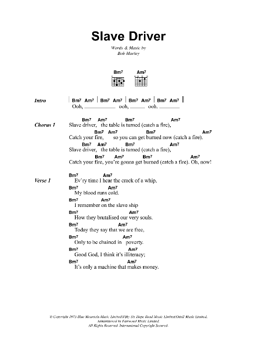 Bob Marley Slave Driver sheet music notes and chords. Download Printable PDF.