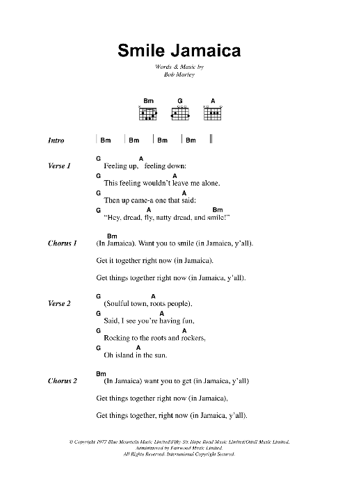 Bob Marley Smile Jamaica sheet music notes and chords arranged for Guitar Chords/Lyrics