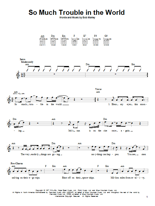 Bob Marley So Much Trouble In The World sheet music notes and chords. Download Printable PDF.