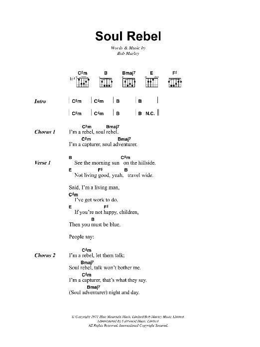 Bob Marley Soul Rebel sheet music notes and chords. Download Printable PDF.