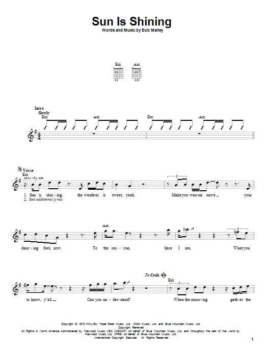 Bob Marley Sun Is Shining sheet music notes and chords arranged for Piano, Vocal & Guitar Chords