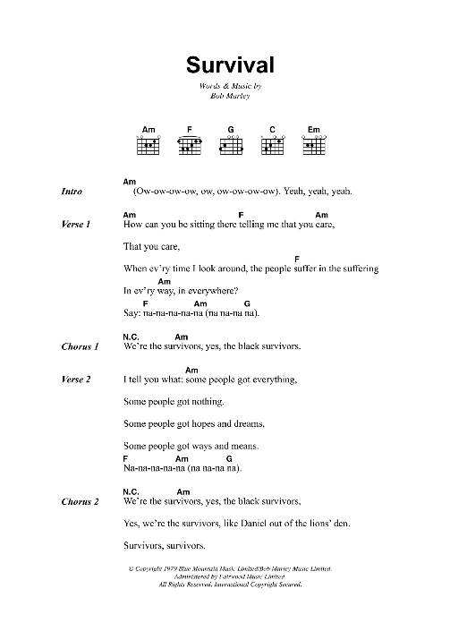 Bob Marley Survival sheet music notes and chords. Download Printable PDF.