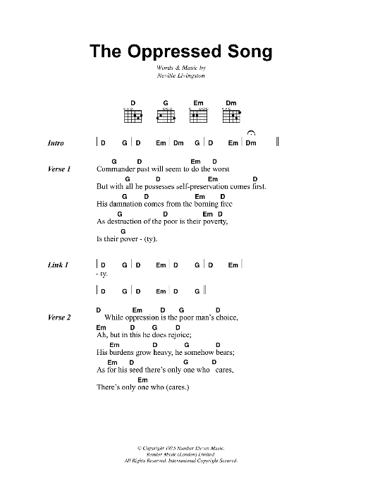 Bob Marley The Oppressed Song sheet music notes and chords. Download Printable PDF.