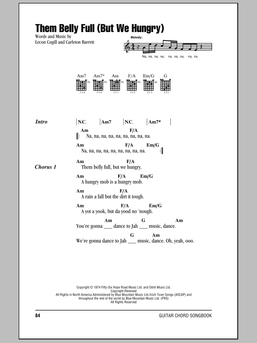 Bob Marley Them Belly Full (But We Hungry) sheet music notes and chords. Download Printable PDF.