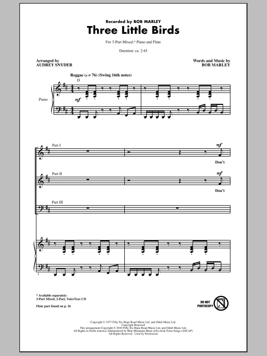 Audrey Snyder Three Little Birds sheet music notes and chords. Download Printable PDF.