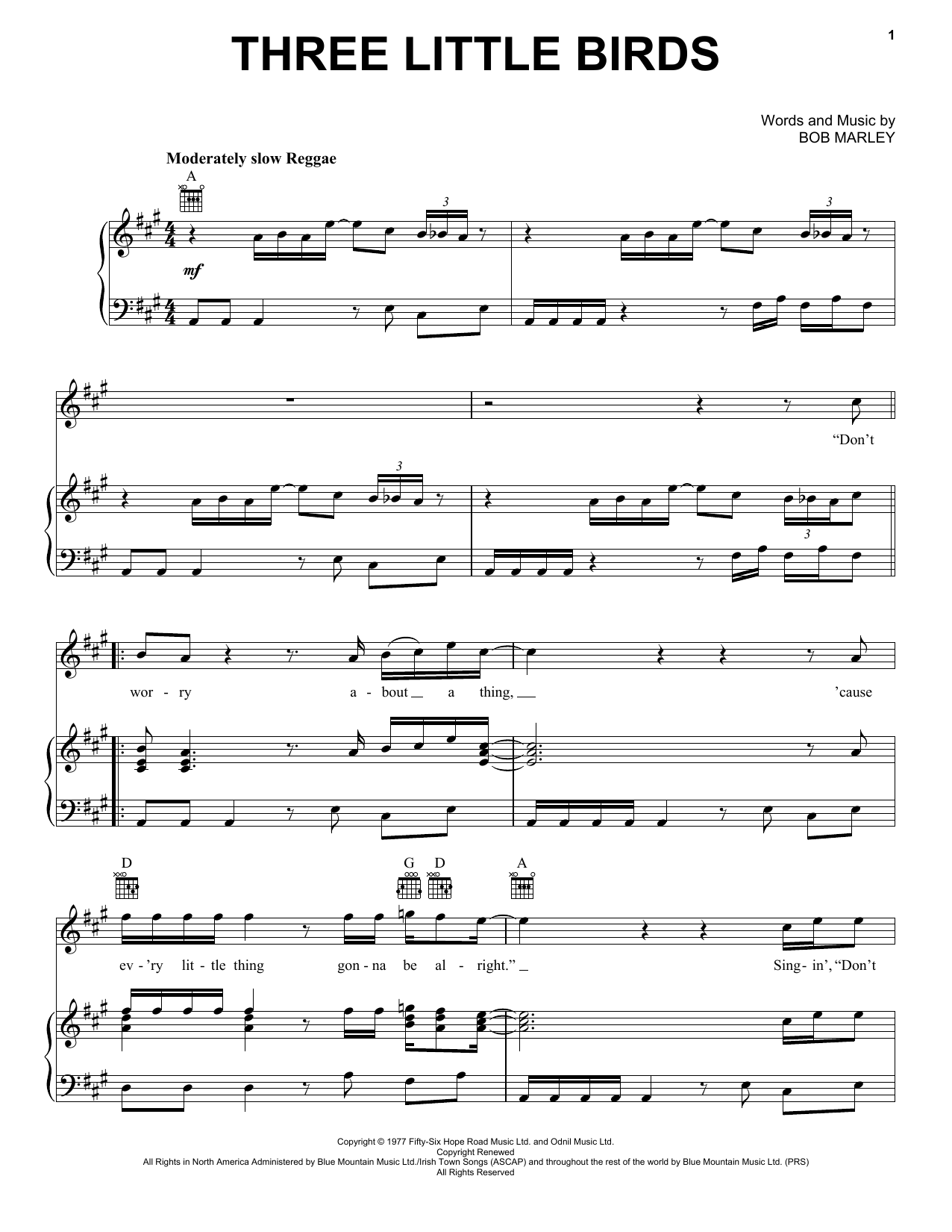 Bob Marley Three Little Birds sheet music notes and chords. Download Printable PDF.