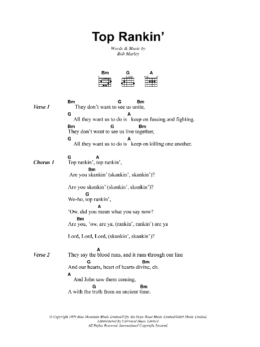 Bob Marley Top Rankin' sheet music notes and chords. Download Printable PDF.