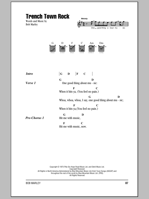 Bob Marley Trench Town Rock sheet music notes and chords. Download Printable PDF.