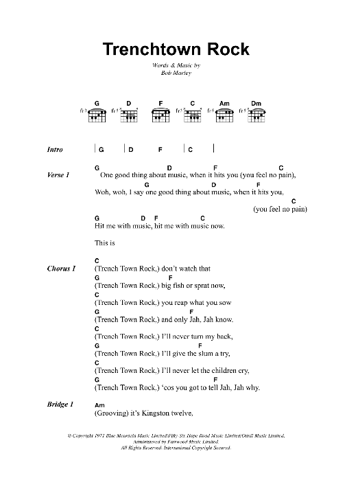 Bob Marley Trenchtown Rock sheet music notes and chords. Download Printable PDF.