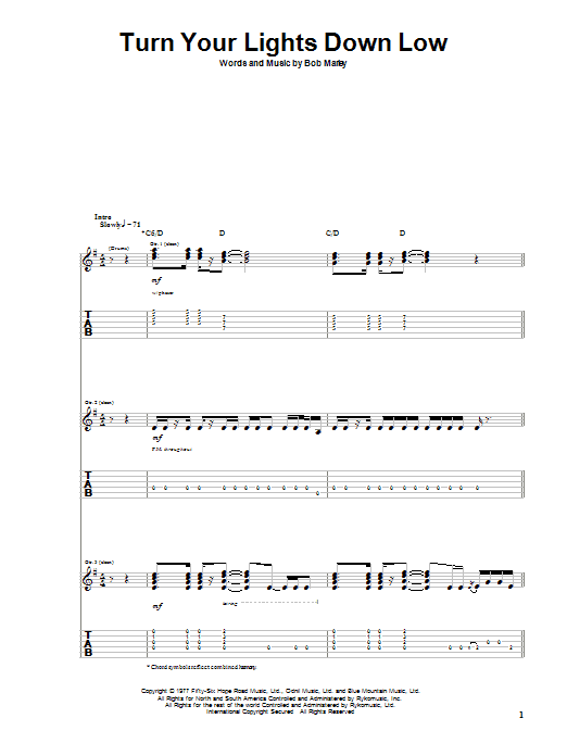 Bob Marley Turn Your Lights Down Low sheet music notes and chords arranged for Easy Guitar Tab