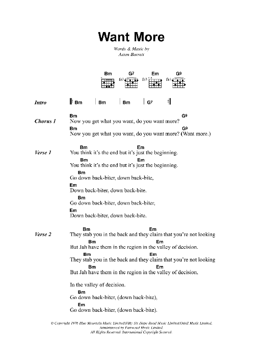 Bob Marley Want More sheet music notes and chords. Download Printable PDF.