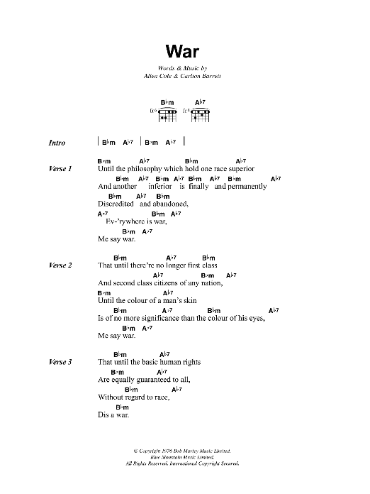 Bob Marley War sheet music notes and chords. Download Printable PDF.