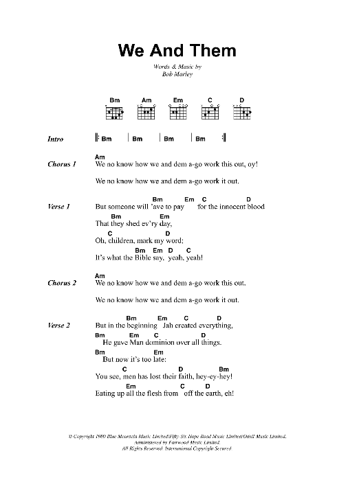 Bob Marley We And Them sheet music notes and chords. Download Printable PDF.