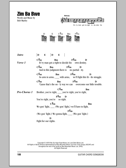 Bob Marley Zim Ba Bwe sheet music notes and chords. Download Printable PDF.