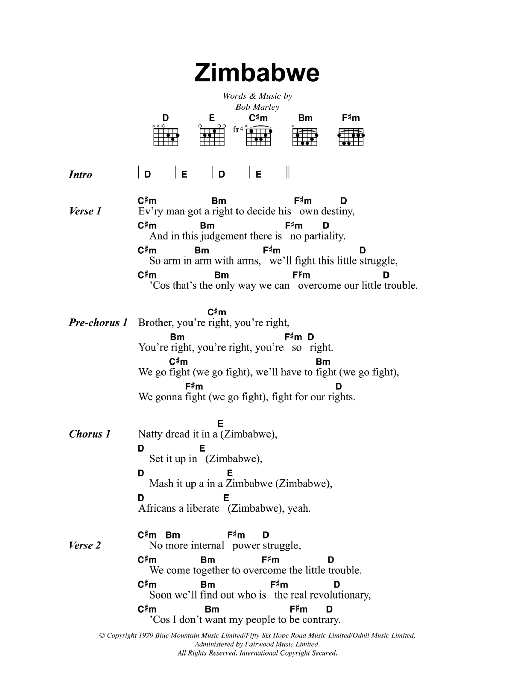 Bob Marley Zimbabwe sheet music notes and chords. Download Printable PDF.