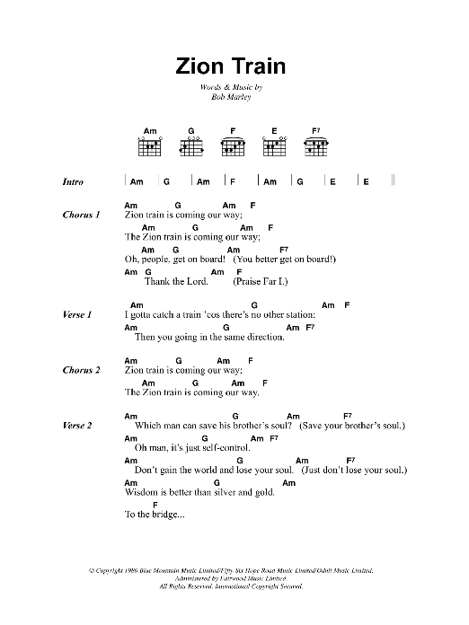 Bob Marley Zion Train sheet music notes and chords. Download Printable PDF.