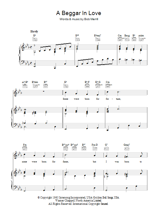 Learn to play Bob Merrill A Beggar In Love sheet music for Piano, Vocal & Guitar Chords in minutes. Price: 7.8900$ Bob Merrill A Beggar In Love sheet music notes and chords arranged for Piano, Vocal & Guitar Chords