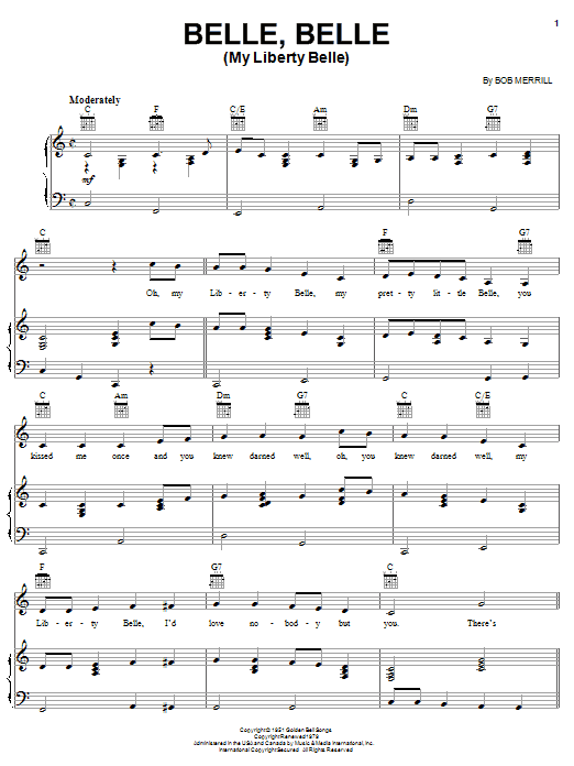 Learn to play Bob Merrill Belle, Belle, My Liberty Belle sheet music for Piano, Vocal & Guitar Chords in minutes. Price: 7.8900$ Bob Merrill Belle, Belle, My Liberty Belle sheet music notes and chords arranged for Piano, Vocal & Guitar Chords