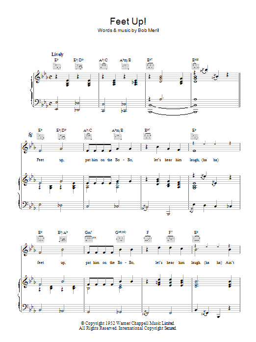 Learn to play Bob Merrill Feet Up sheet music for Piano, Vocal & Guitar Chords in minutes. Price: 7.8900$ Bob Merrill Feet Up sheet music notes and chords arranged for Piano, Vocal & Guitar Chords