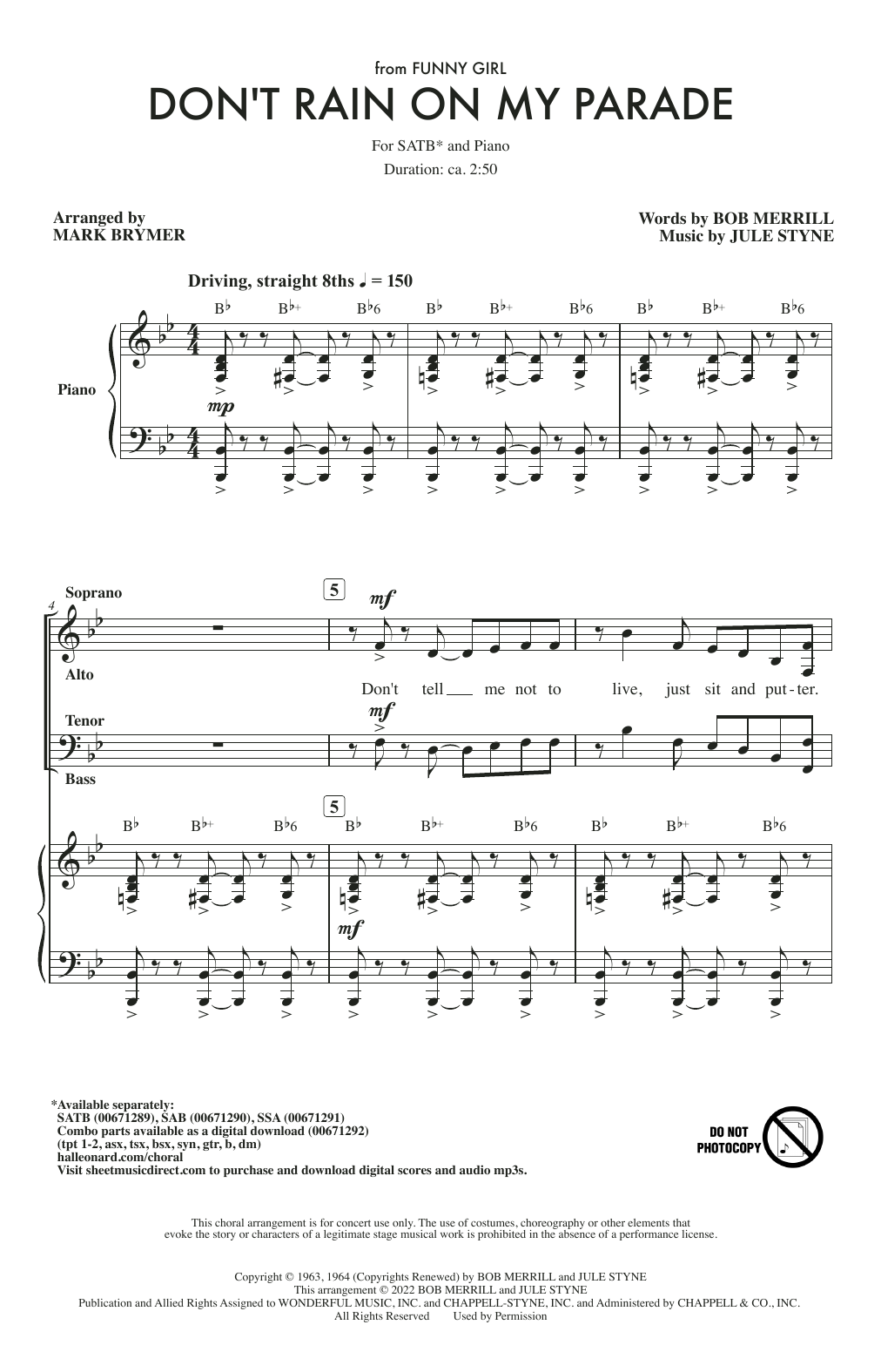 Bob Merrill & Jule Styne Don't Rain On My Parade (from Funny Girl) (arr. Mark Brymer) sheet music notes and chords. Download Printable PDF.