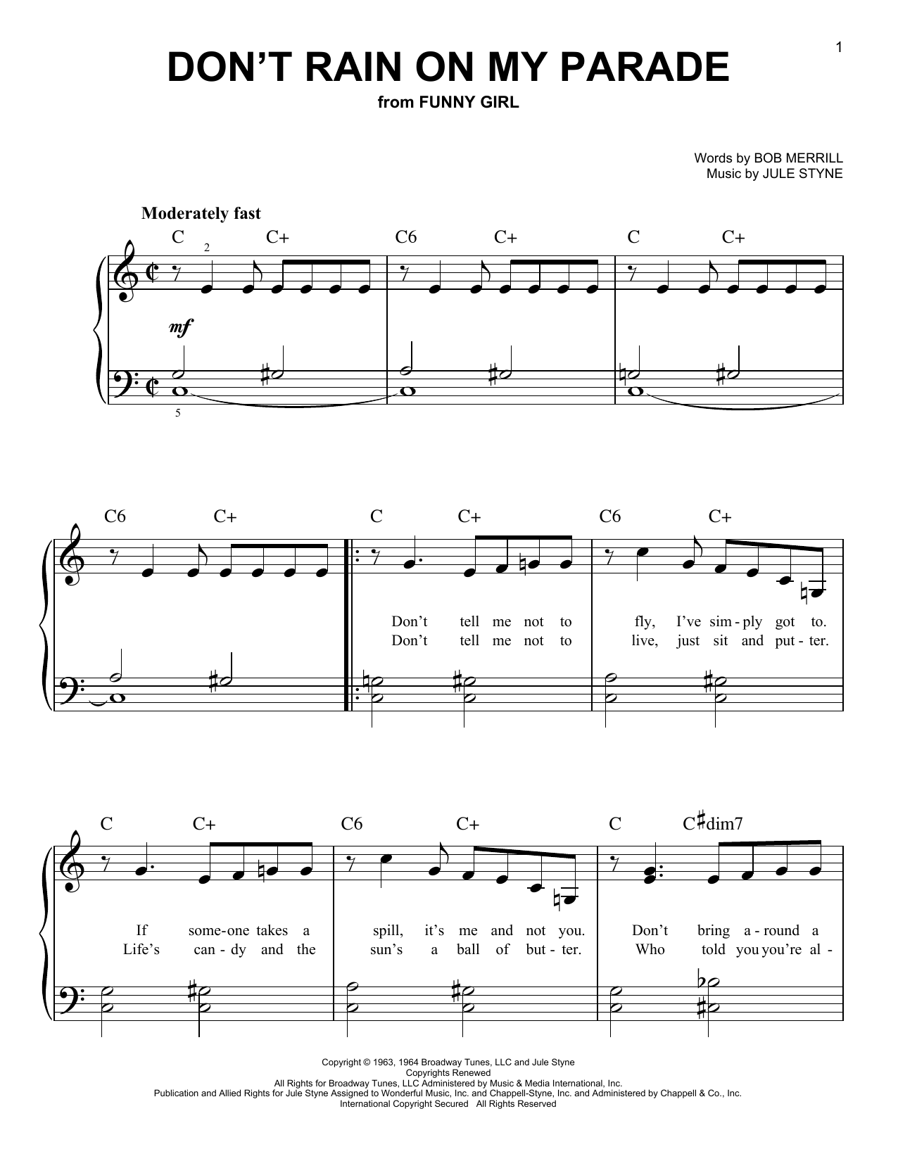 Bob Merrill & Jule Styne Don't Rain On My Parade (from Funny Girl) sheet music notes and chords. Download Printable PDF.