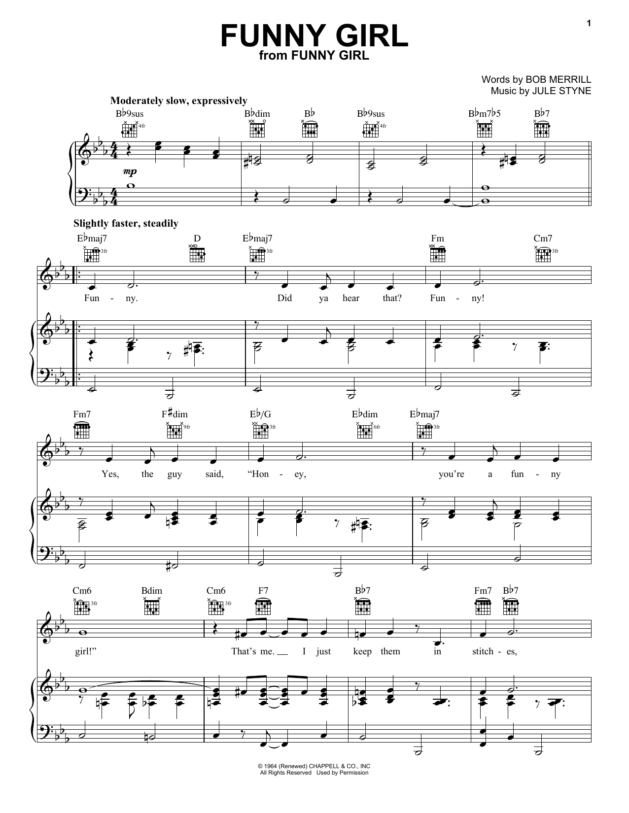 Learn to play Bob Merrill & Jule Styne Funny Girl sheet music for Piano, Vocal & Guitar Chords (Right-Hand Melody) in minutes. Price: 7.8900$ Bob Merrill & Jule Styne Funny Girl sheet music notes and chords arranged for Piano, Vocal & Guitar Chords (Right-Hand Melody)