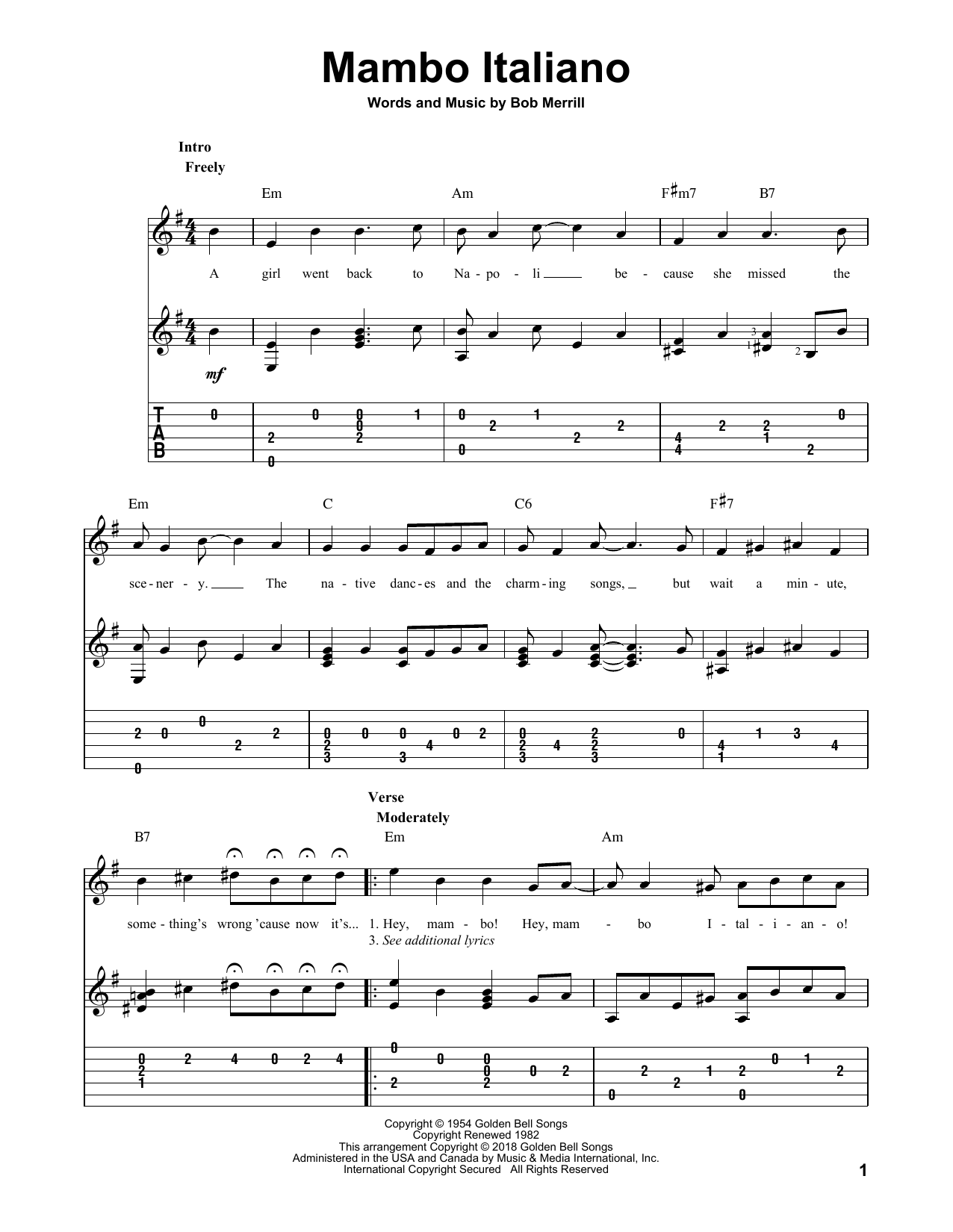 Bob Merrill Mambo Italiano sheet music notes and chords. Download Printable PDF.