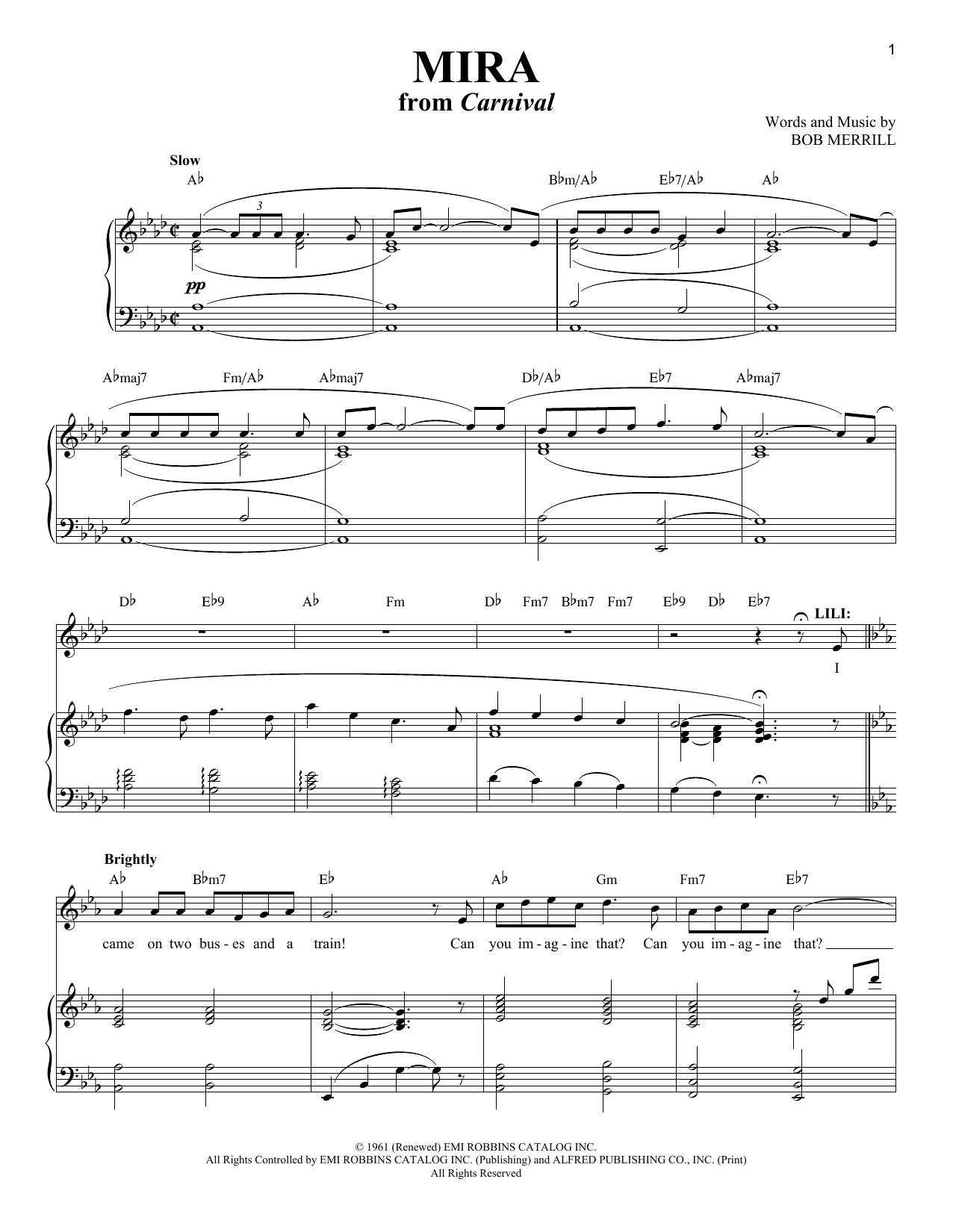 Bob Merrill Mira (from Carnival) sheet music notes and chords. Download Printable PDF.