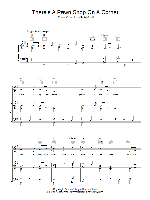 Learn to play Bob Merrill There's A Pawn Shop On A Corner (In Pittsburgh Pennsylvania) sheet music for Piano, Vocal & Guitar Chords in minutes. Price: 7.8900$ Bob Merrill There's A Pawn Shop On A Corner (In Pittsburgh Pennsylvania) sheet music notes and chords arranged for Piano, Vocal & Guitar Chords