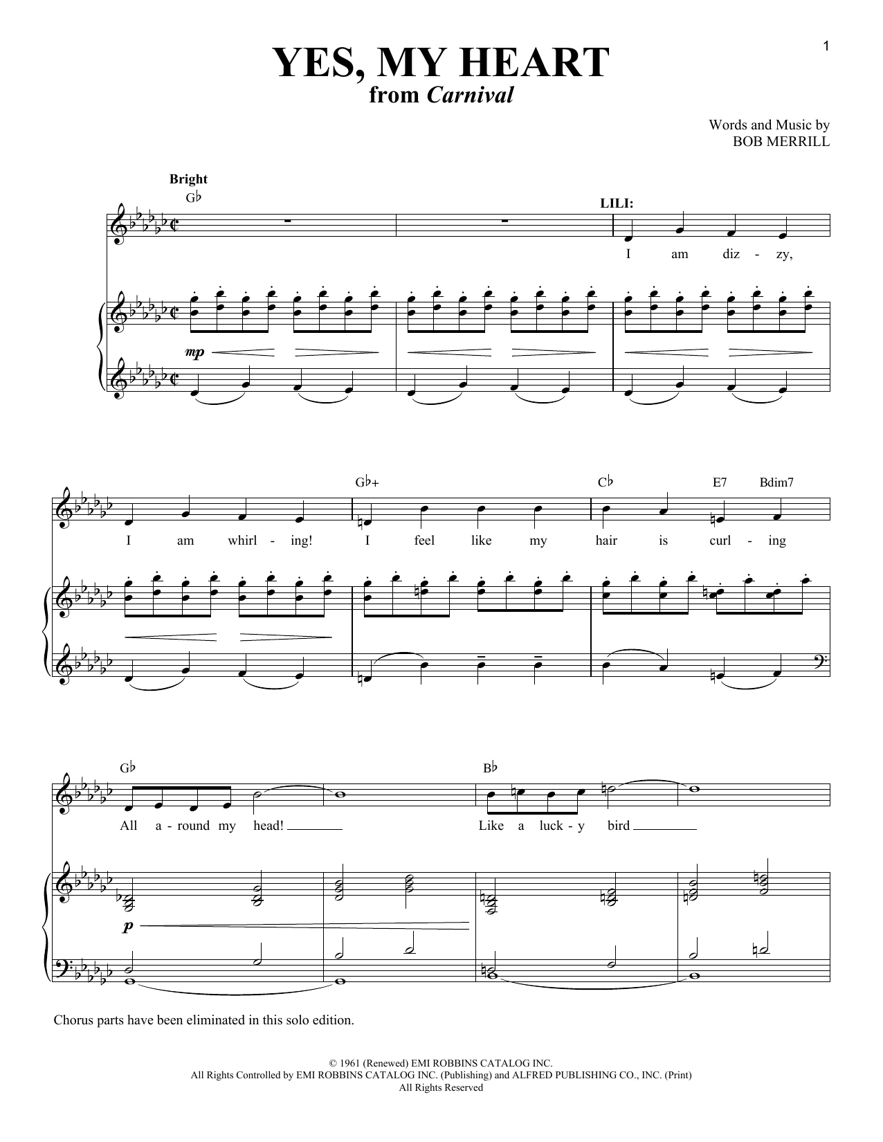 Bob Merrill Yes, My Heart (from Carnival) sheet music notes and chords. Download Printable PDF.