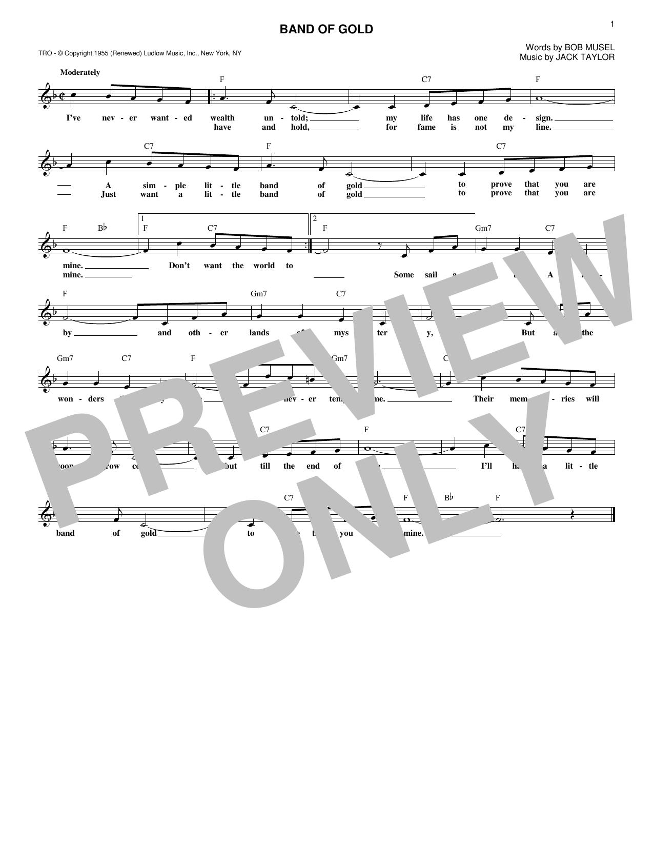 Jack Taylor Band Of Gold sheet music notes and chords. Download Printable PDF.