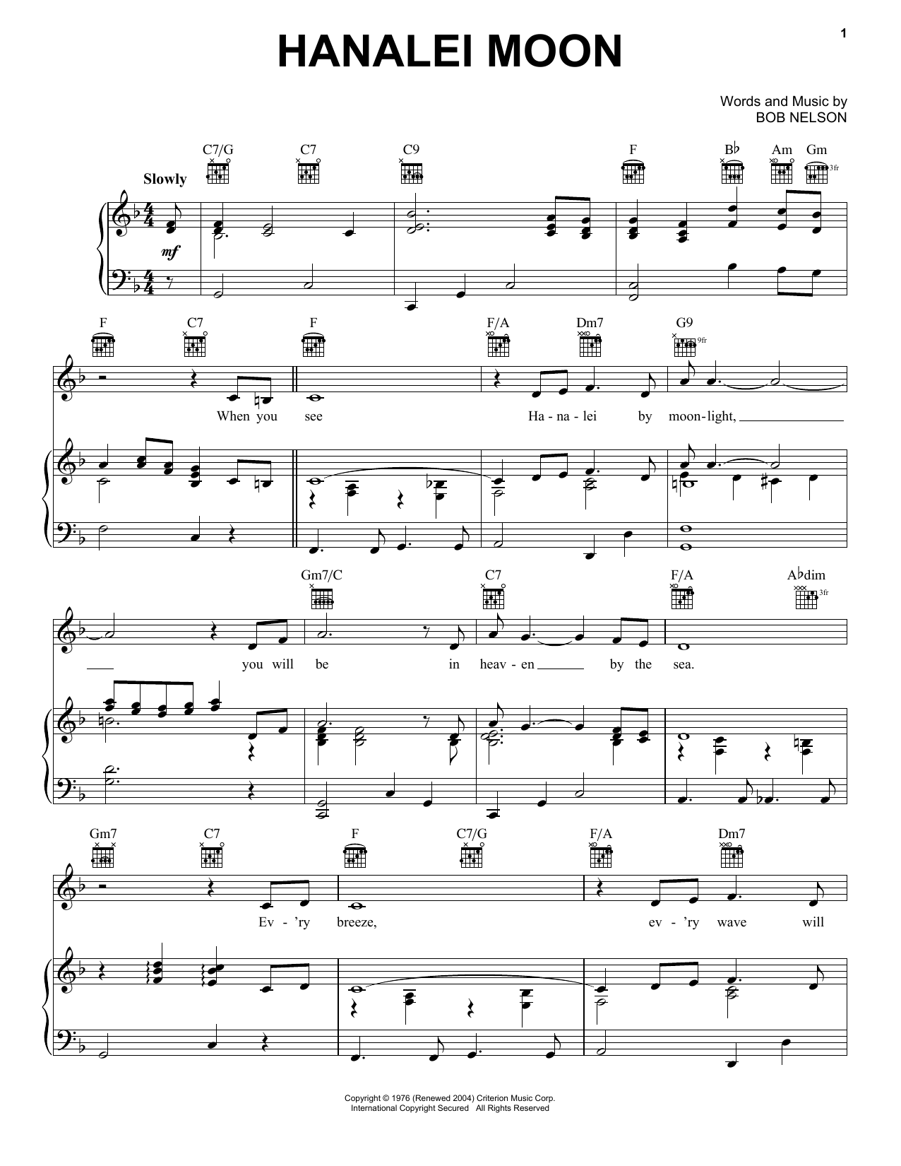 Bob Nelson Hanalei Moon sheet music notes and chords. Download Printable PDF.