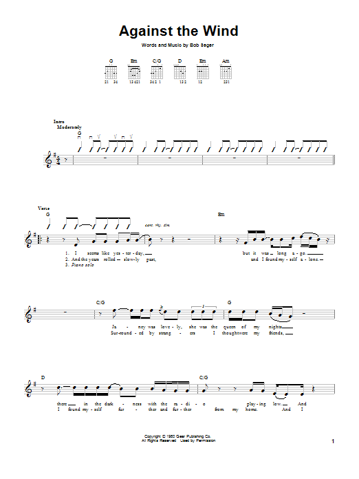 Bob Seger Against The Wind sheet music notes and chords. Download Printable PDF.