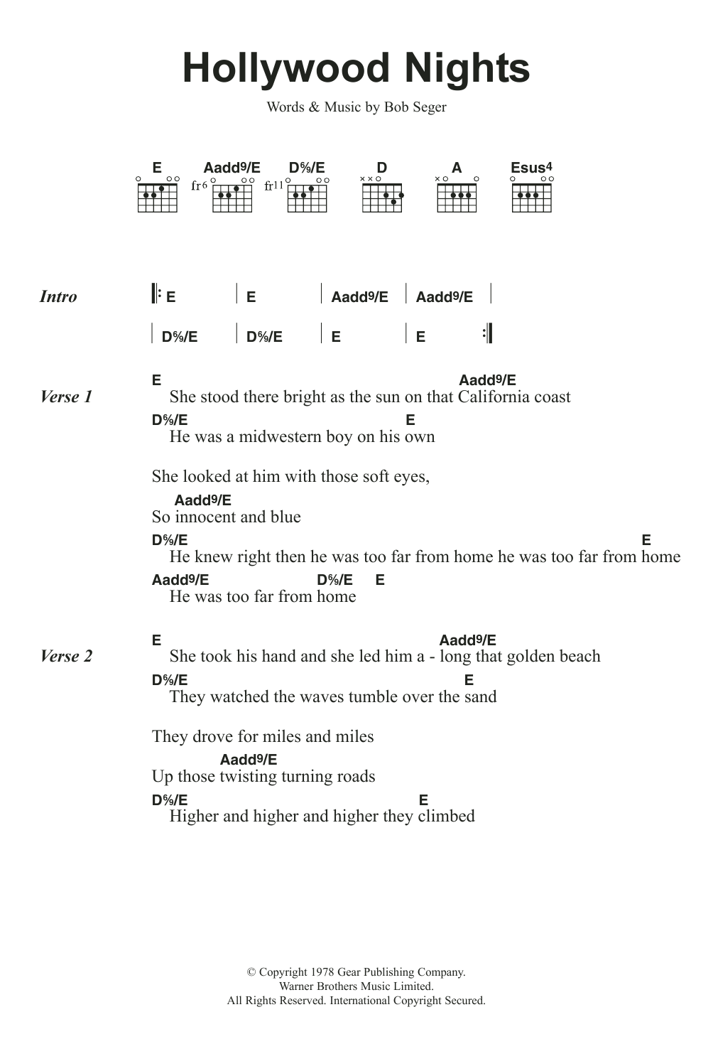 Learn to play Bob Seger And The Silver Bullet Band Hollywood Nights sheet music for Guitar Chords/Lyrics in minutes. Price: 4.4900$ Bob Seger And The Silver Bullet Band Hollywood Nights sheet music notes and chords arranged for Guitar Chords/Lyrics