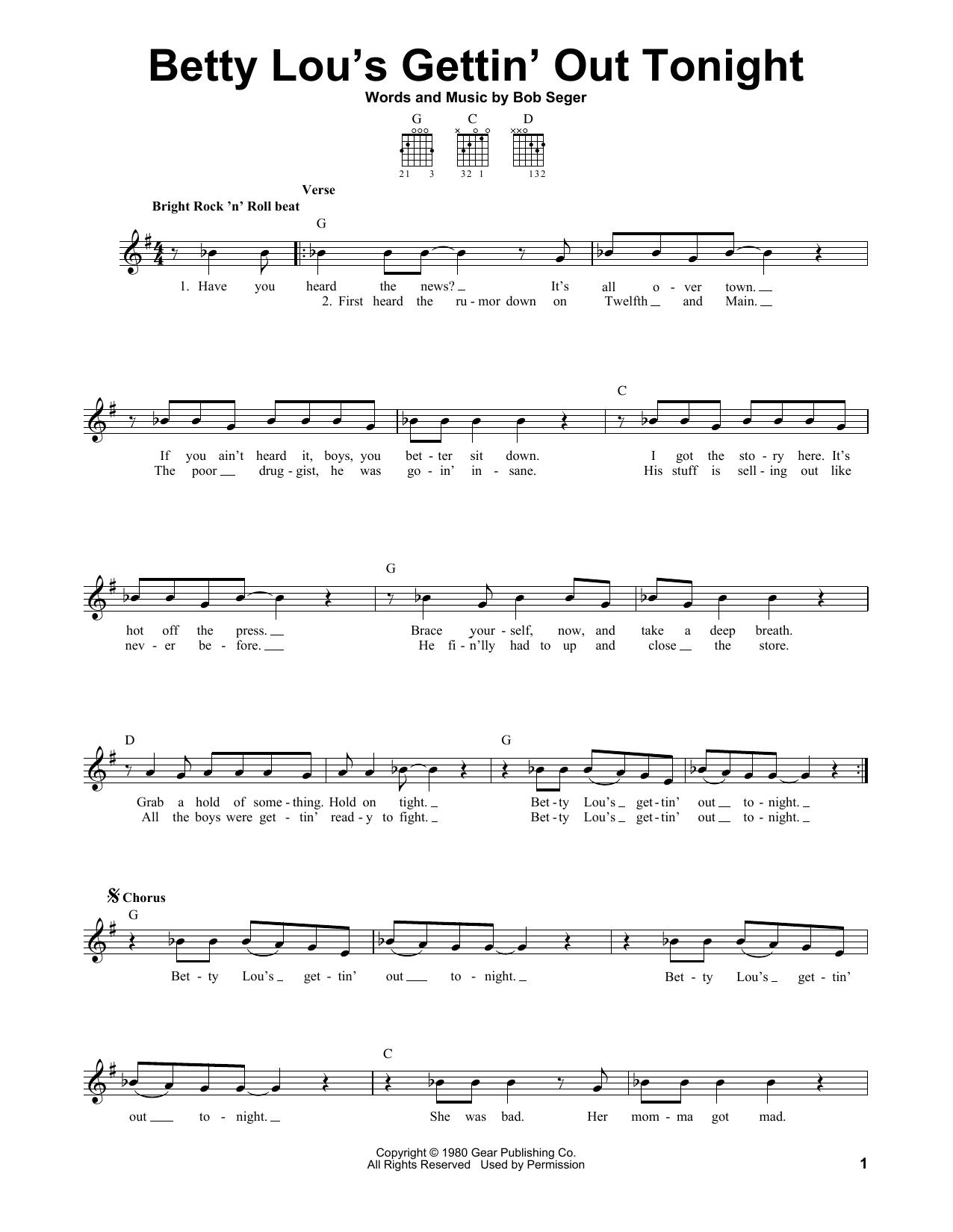 Bob Seger Betty Lou's Gettin' Out Tonight sheet music notes and chords. Download Printable PDF.